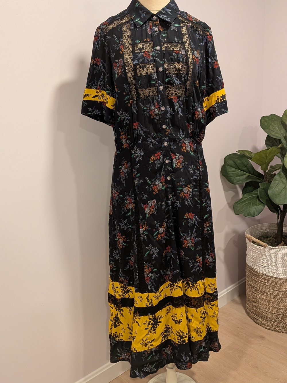 Desigual Black Floral Midi Dress | Lace Trim | Lavender Buttons | Euro Summer